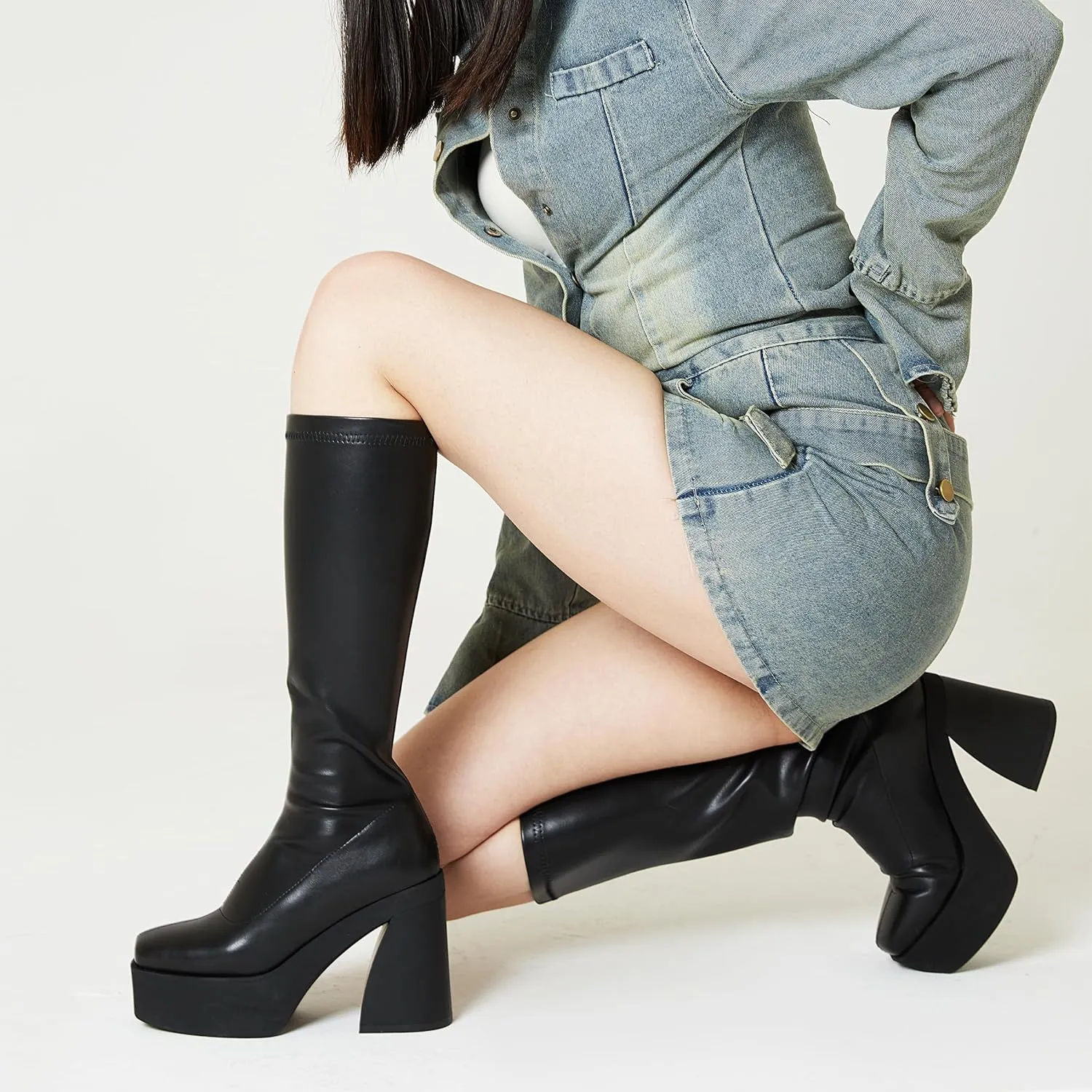 Eteridrey Womens Knee High Boots Black Platform Boots Squared toe Stretch Chunky High Heel Gothic Shoes Combat Boots