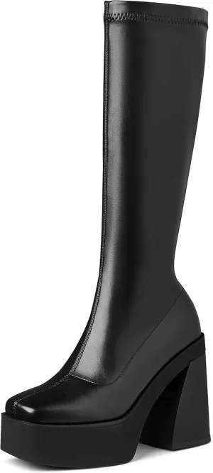 Eteridrey Womens Knee High Boots Black Platform Boots Squared toe Stretch Chunky High Heel Gothic Shoes Combat Boots