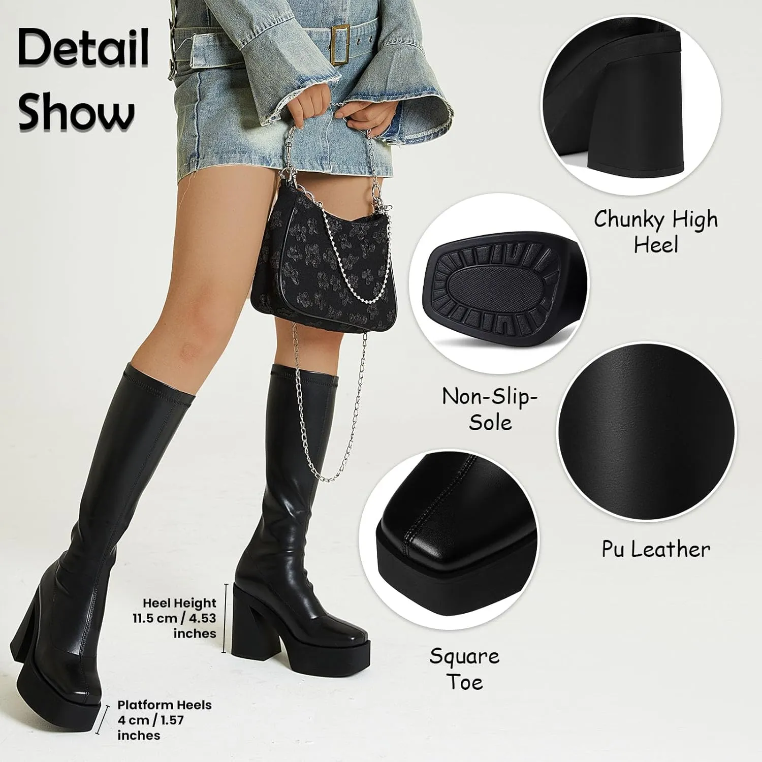 Eteridrey Womens Knee High Boots Black Platform Boots Squared toe Stretch Chunky High Heel Gothic Shoes Combat Boots