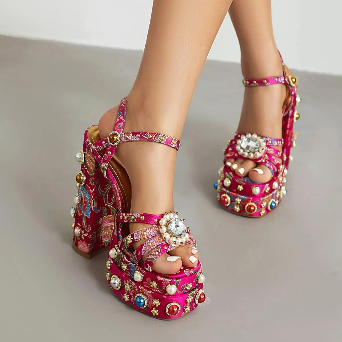 Feinlina Women Rhinestone High Chunky Platform Open Toe Block Heels Gems Detail Fashion Green Pink Floral Print Embroidery Ankle Strap Dress Wedding Party Pump Sandals
