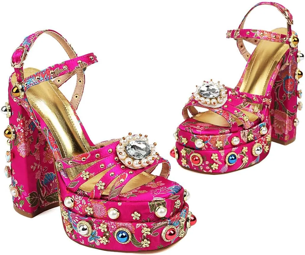 Feinlina Women Rhinestone High Chunky Platform Open Toe Block Heels Gems Detail Fashion Green Pink Floral Print Embroidery Ankle Strap Dress Wedding Party Pump Sandals