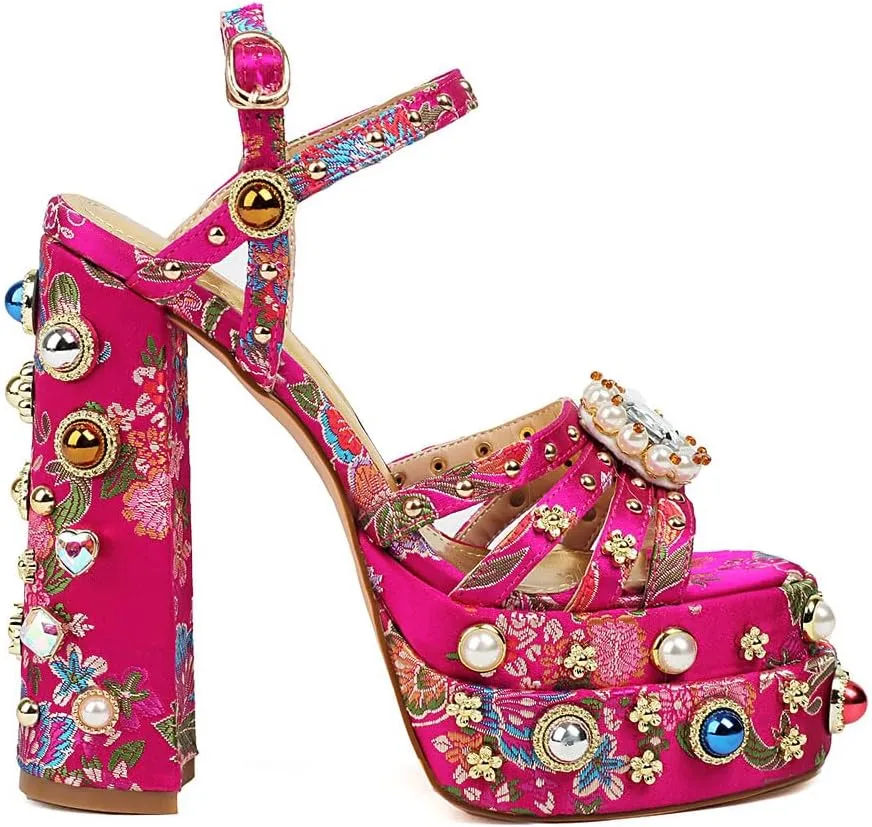Feinlina Women Rhinestone High Chunky Platform Open Toe Block Heels Gems Detail Fashion Green Pink Floral Print Embroidery Ankle Strap Dress Wedding Party Pump Sandals