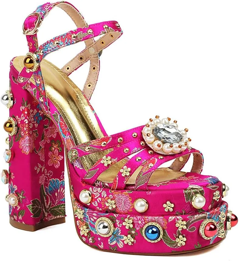 Feinlina Women Rhinestone High Chunky Platform Open Toe Block Heels Gems Detail Fashion Green Pink Floral Print Embroidery Ankle Strap Dress Wedding Party Pump Sandals
