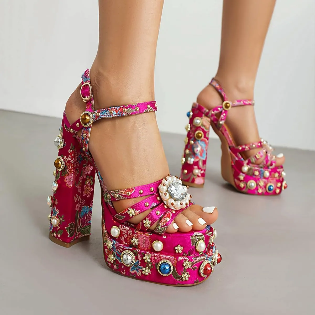 Feinlina Women Rhinestone High Chunky Platform Open Toe Block Heels Gems Detail Fashion Green Pink Floral Print Embroidery Ankle Strap Dress Wedding Party Pump Sandals