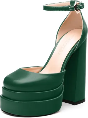 FEMSTEP Women's Chunky Platform High Heels Closed Round Toe Block Heel Pumps Ankle Strap Wedding Party Dress Shoes