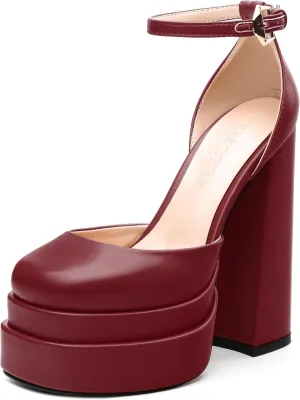 FEMSTEP Women's Chunky Platform High Heels Closed Round Toe Block Heel Pumps Ankle Strap Wedding Party Dress Shoes