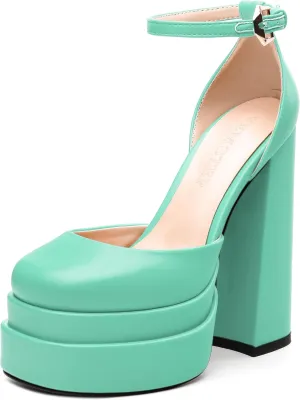 FEMSTEP Women's Chunky Platform High Heels Closed Round Toe Block Heel Pumps Ankle Strap Wedding Party Dress Shoes