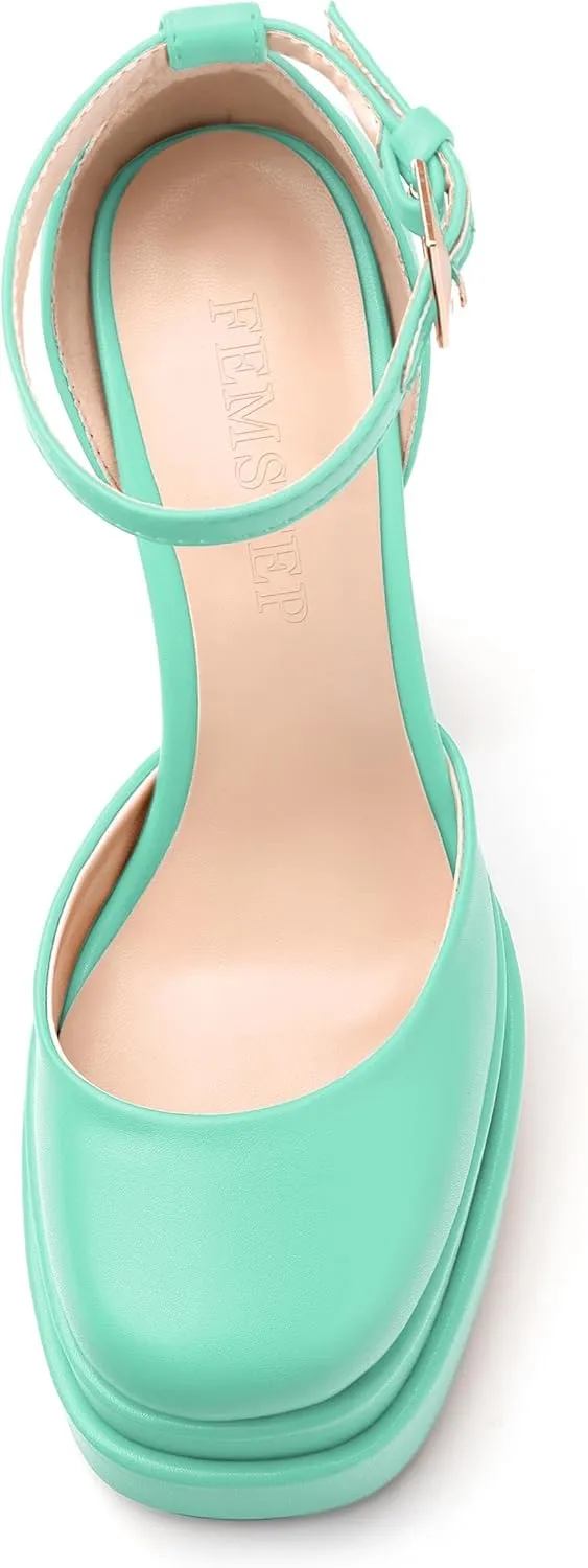 FEMSTEP Women's Chunky Platform High Heels Closed Round Toe Block Heel Pumps Ankle Strap Wedding Party Dress Shoes