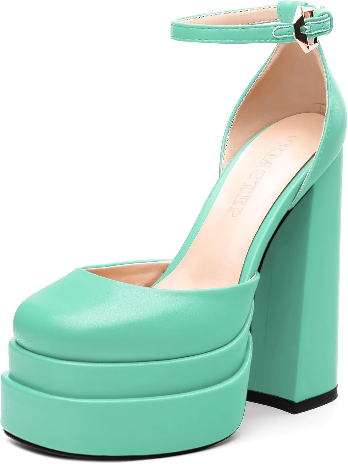 FEMSTEP Women's Chunky Platform High Heels Closed Round Toe Block Heel Pumps Ankle Strap Wedding Party Dress Shoes