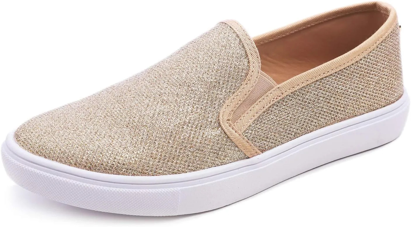 FEVERSOLE Women's Fashion Shiny Soft Slip On Sneaker Sparkle Casual Comfort Loafers