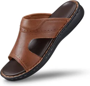 FIEEIF Men's Leather Slides Open Toe Outdoor Slippers Comfort Arch Support Retro Casual Flip Flops Summer Fisherman Slip On Sandals for Men