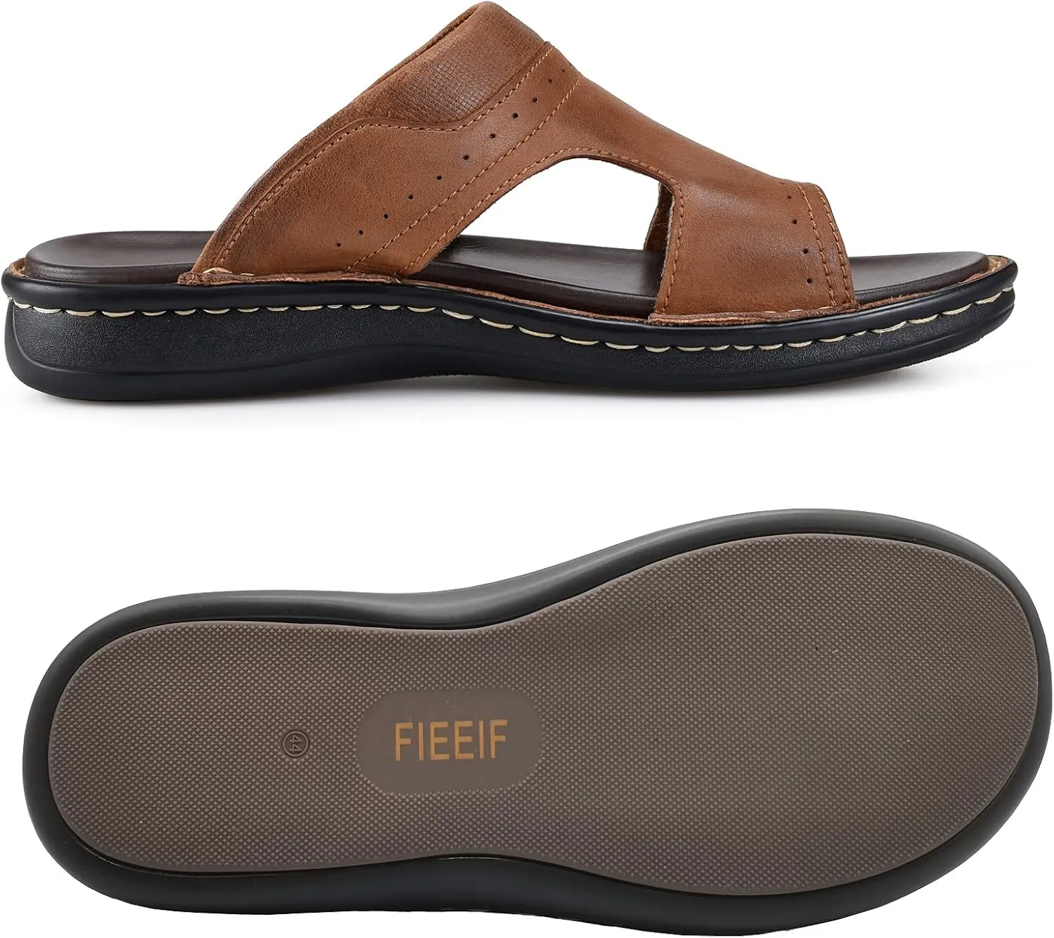 FIEEIF Men's Leather Slides Open Toe Outdoor Slippers Comfort Arch Support Retro Casual Flip Flops Summer Fisherman Slip On Sandals for Men