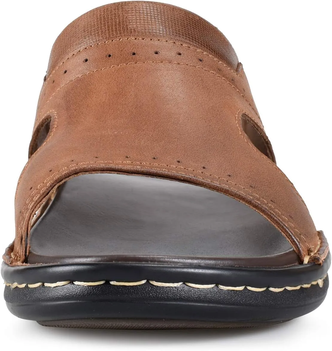 FIEEIF Men's Leather Slides Open Toe Outdoor Slippers Comfort Arch Support Retro Casual Flip Flops Summer Fisherman Slip On Sandals for Men