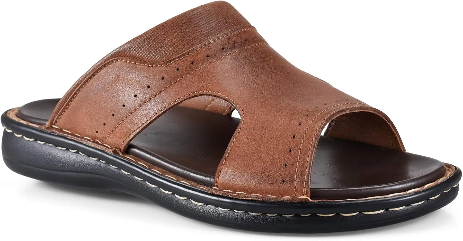FIEEIF Men's Leather Slides Open Toe Outdoor Slippers Comfort Arch Support Retro Casual Flip Flops Summer Fisherman Slip On Sandals for Men