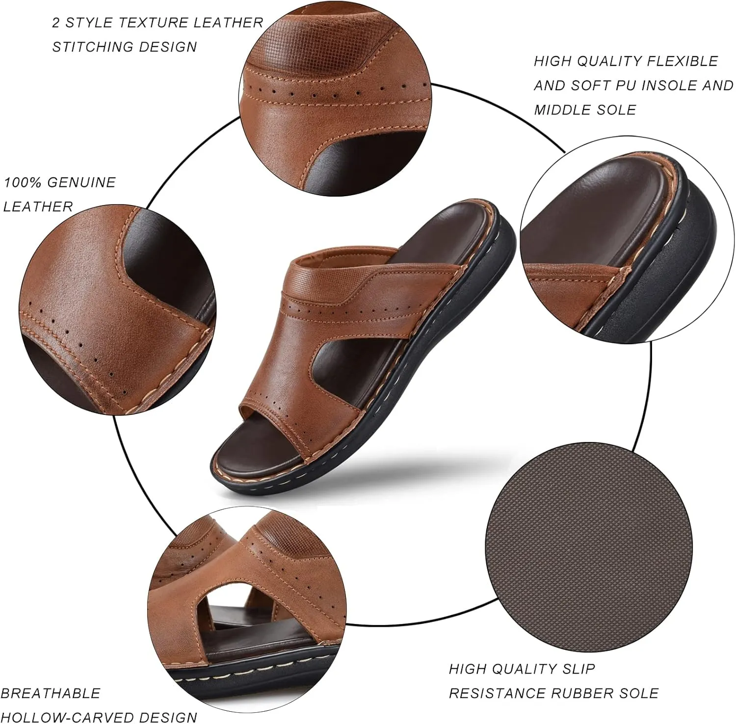FIEEIF Men's Leather Slides Open Toe Outdoor Slippers Comfort Arch Support Retro Casual Flip Flops Summer Fisherman Slip On Sandals for Men