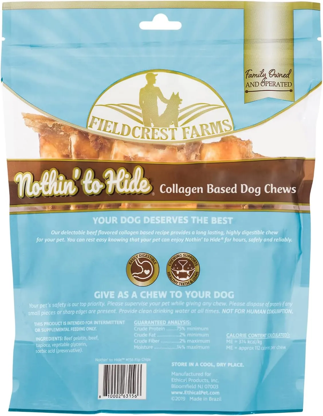 Fieldcrest Farms Nothin to Hide Flip Chips Chews for Dogs - All Natural Rawhide Alternative Treats for Dogs, Chicken, Beef or Peanut Butter Flavor Snack for All Breed Dogs (Beef, 8.5 Oz)