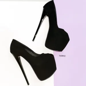 Fishmouth Black Suede Thin Heel Platforms