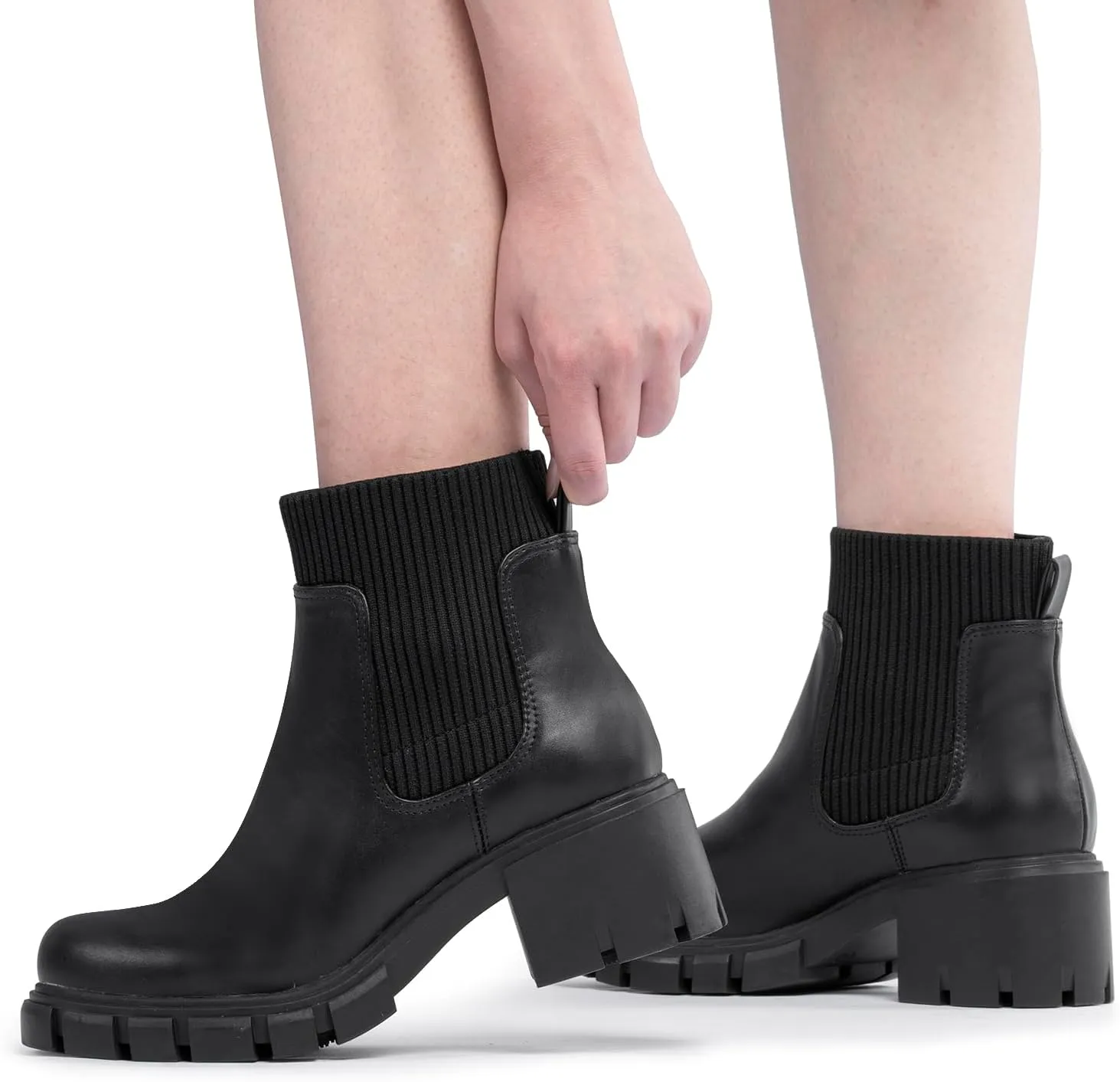 FITORY Women's Ankle Boots Comfy Chelsea Mid Heel Elastic Chunky Heel Lug Sole Booties Size 6-11