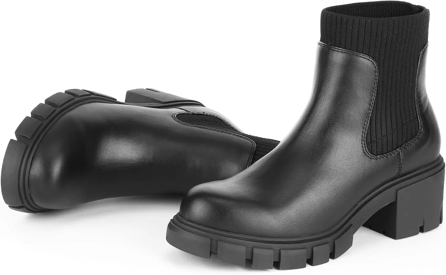FITORY Women's Ankle Boots Comfy Chelsea Mid Heel Elastic Chunky Heel Lug Sole Booties Size 6-11