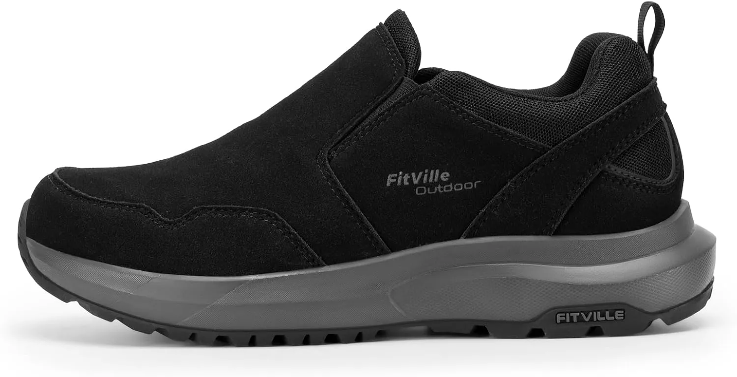 FitVille Men's Wide Slip on Shoes for Men Hiking Shoes Go Walking Shoes Loafers Trekking Trails Sneakers with Arch Support