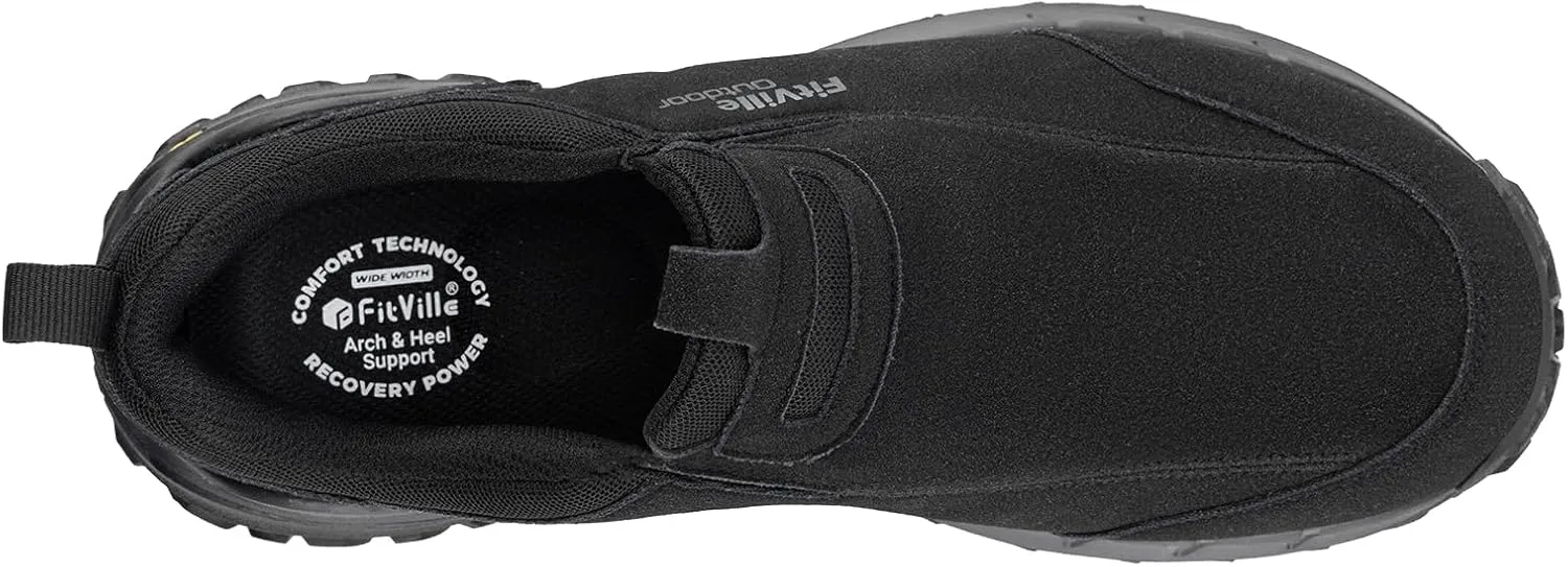 FitVille Wide Slip on Shoes for Men Hiking Walking Shoes Trekking Loafer with Arch Support | Slip Resistant | Wide Toe Box