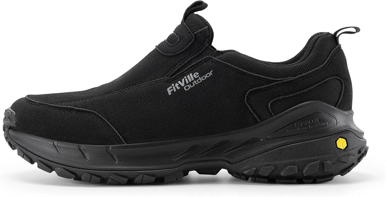 FitVille Wide Slip on Shoes for Men Hiking Walking Shoes Trekking Loafer with Arch Support | Slip Resistant | Wide Toe Box