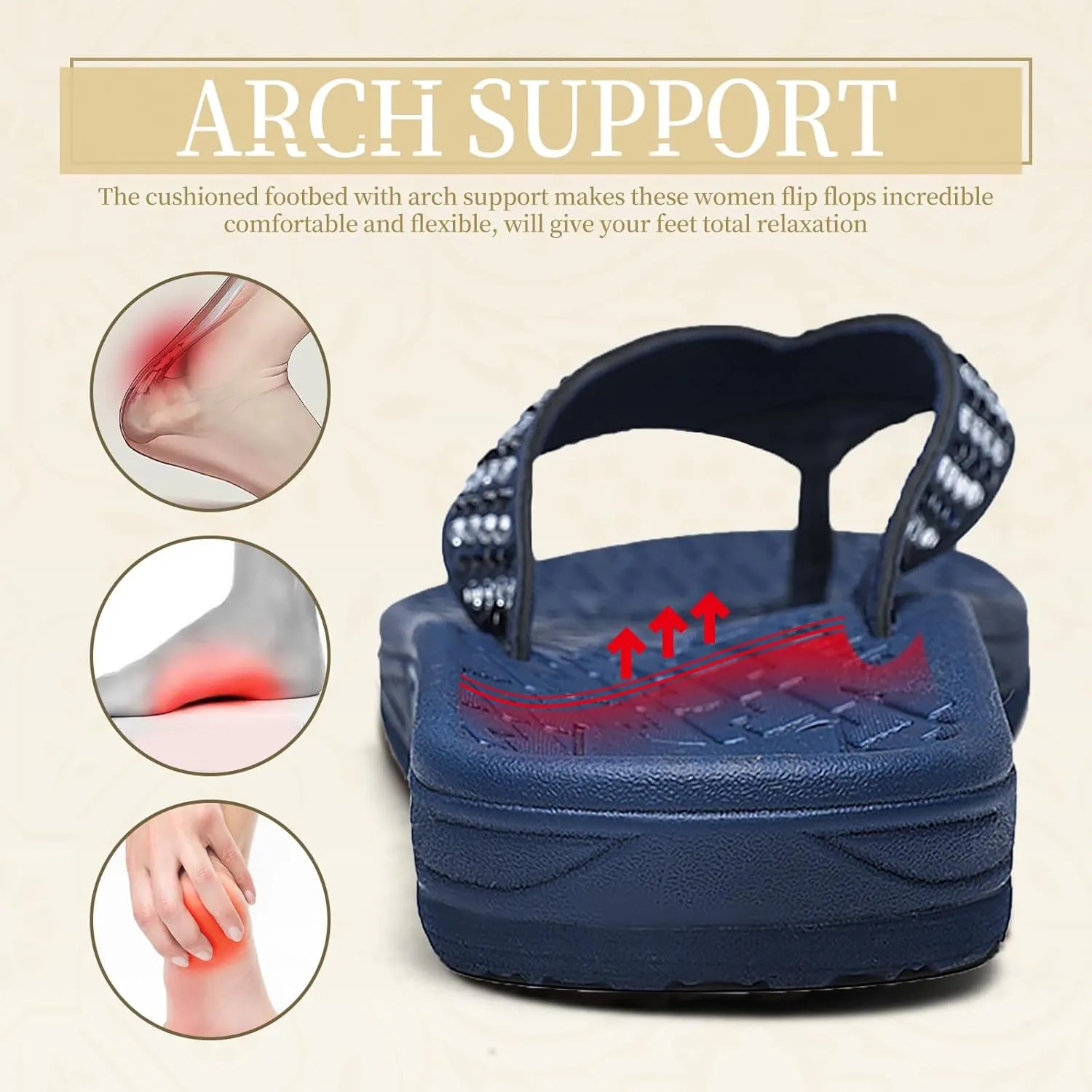 Flip Flops for Women with Arch Support Rhinestone Comfortable Summer Beach Walking Thong Sandals Orthotic Rubber Soles Flip Flop Slippers Slip On Indoor Outdoor