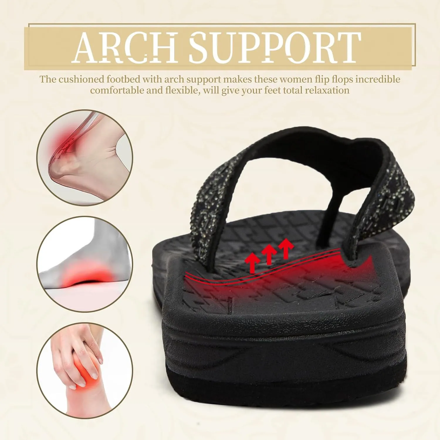 Flip Flops for Women with Arch Support Rhinestone Comfortable Summer Beach Walking Thong Sandals Orthotic Rubber Soles Flip Flop Slippers Slip On Indoor Outdoor