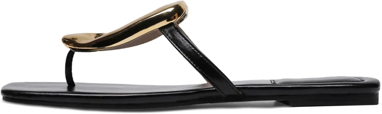 Flip-Flops Sandals for Women Comfortable Open Square Toe Slip on Beach Thong Sandals Casual Fashion Ladies Slipper Dressy Metal Decoration Summer Shoes.
