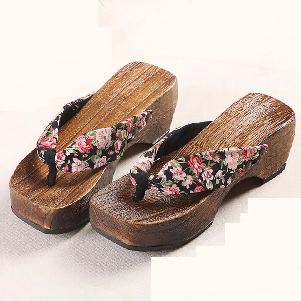 Flip- flops Wooden Clogs Slippers,Japan Traditional Shoes,Women's Slopes High Heels Home Clip Feet Cool Shoes,Couple's Leisure Bathroom Beach Shoes