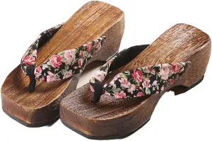 Flip- flops Wooden Clogs Slippers,Japan Traditional Shoes,Women's Slopes High Heels Home Clip Feet Cool Shoes,Couple's Leisure Bathroom Beach Shoes