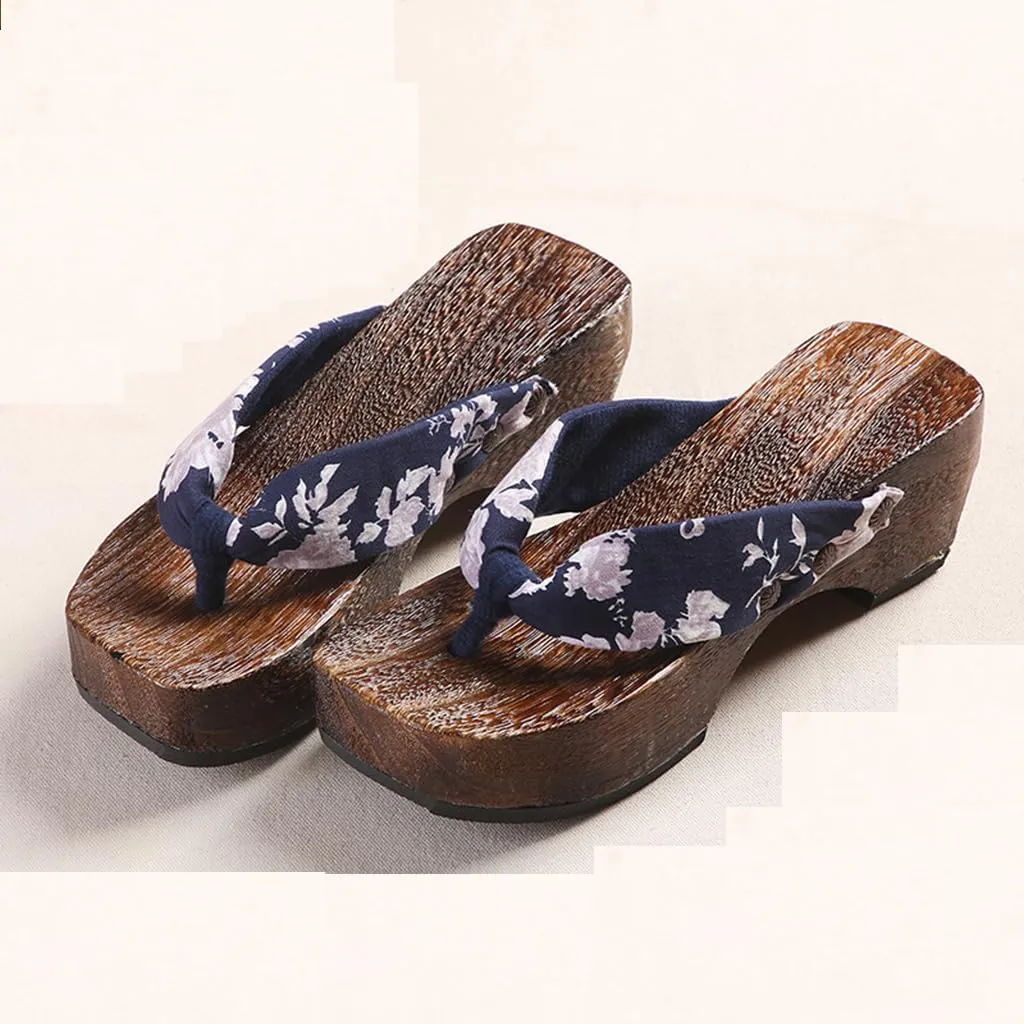 Flip- flops Wooden Clogs Slippers,Japan Traditional Shoes,Women's Slopes High Heels Home Clip Feet Cool Shoes,Couple's Leisure Bathroom Beach Shoes