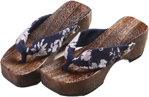 Flip- flops Wooden Clogs Slippers,Japan Traditional Shoes,Women's Slopes High Heels Home Clip Feet Cool Shoes,Couple's Leisure Bathroom Beach Shoes