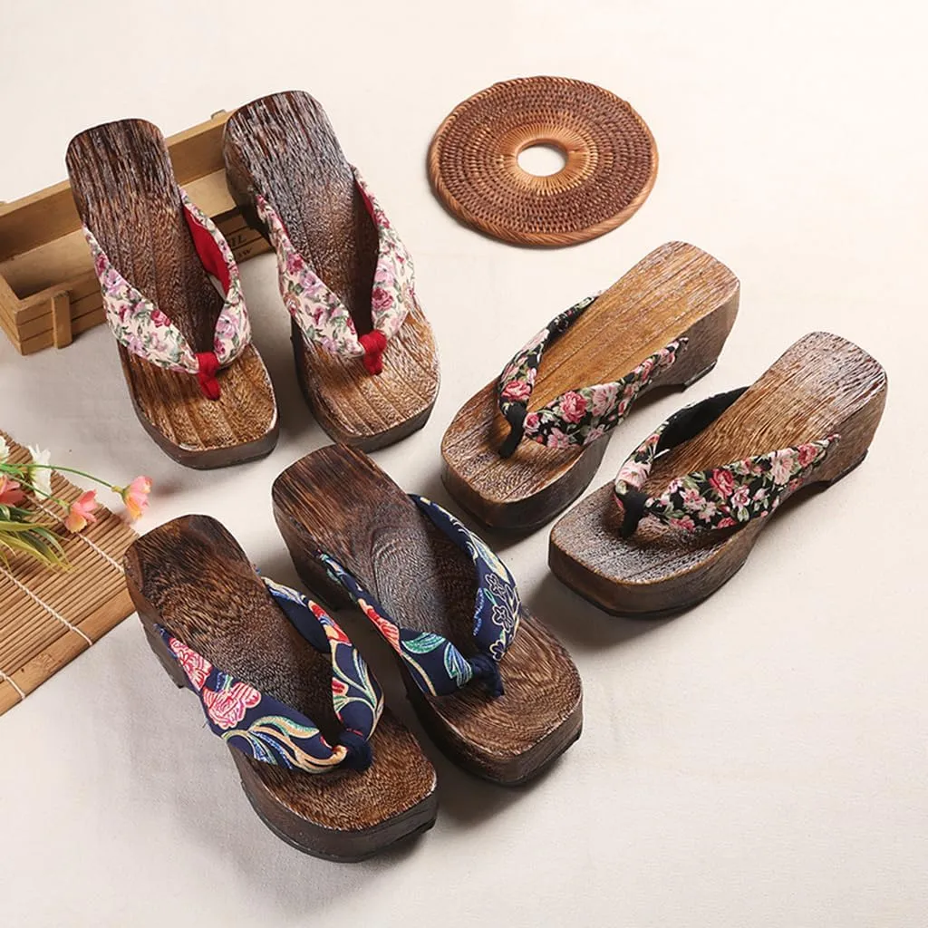 Flip- Flops Wooden Clogs Slippers,Japan Traditional Women's Slopes High Heels Home Clip Feet Cool Shoes,Couple's Leisure Bathroom Beach Shoes(Size:EU 38,Color:Black)