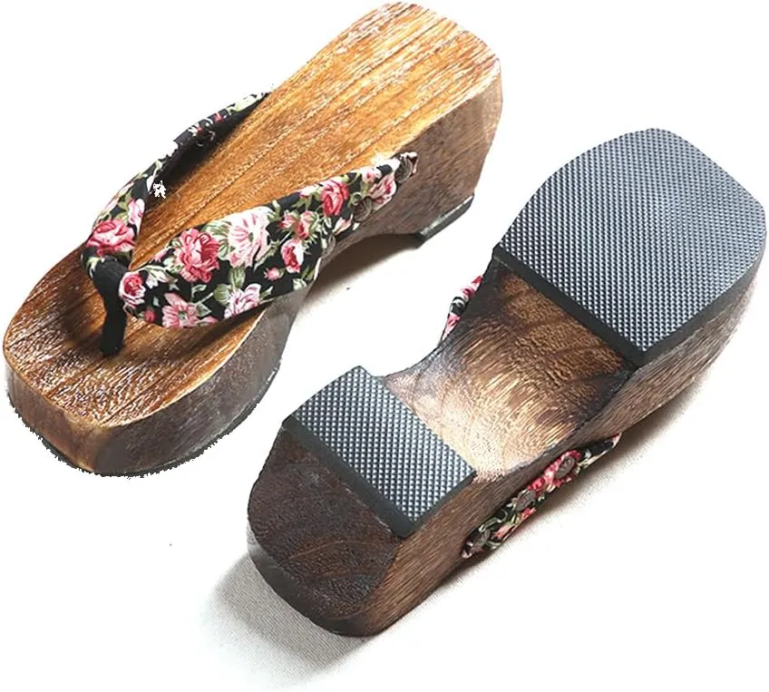 Flip- Flops Wooden Clogs Slippers,Japan Traditional Women's Slopes High Heels Home Clip Feet Cool Shoes,Couple's Leisure Bathroom Beach Shoes(Size:EU 38,Color:Black)