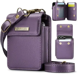 Flip Wallet Bag with 5 Card Slots Cash Solt Zipper Pocket, RFID Blocking Hand and Crossbody Shoulder Strap.Purple