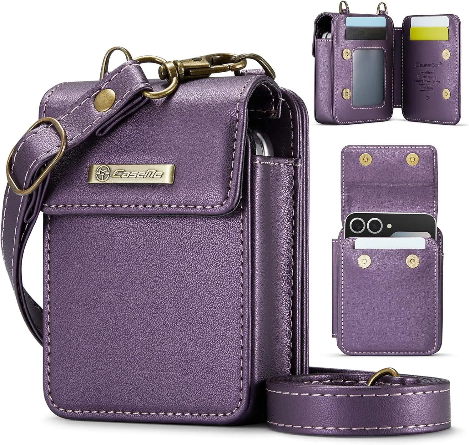 Flip Wallet Bag with 5 Card Slots Cash Solt Zipper Pocket, RFID Blocking Hand and Crossbody Shoulder Strap.Purple