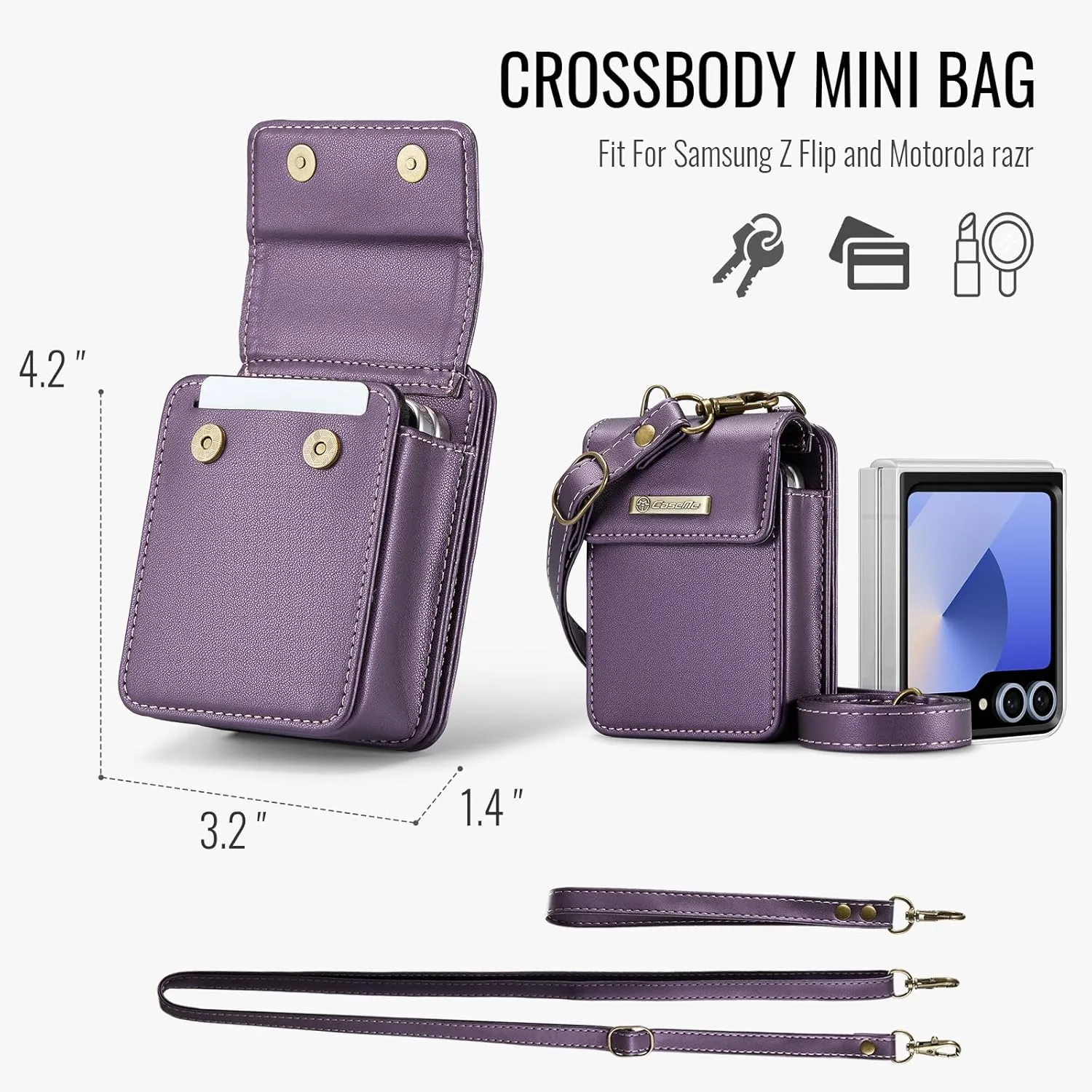 Flip Wallet Bag with 5 Card Slots Cash Solt Zipper Pocket, RFID Blocking Hand and Crossbody Shoulder Strap.Purple