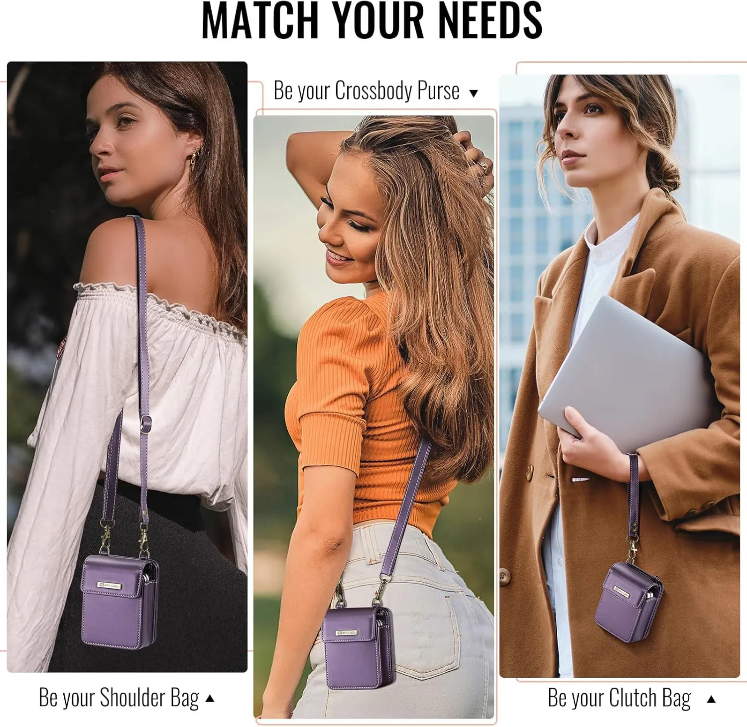 Flip Wallet Bag with 5 Card Slots Cash Solt Zipper Pocket, RFID Blocking Hand and Crossbody Shoulder Strap.Purple