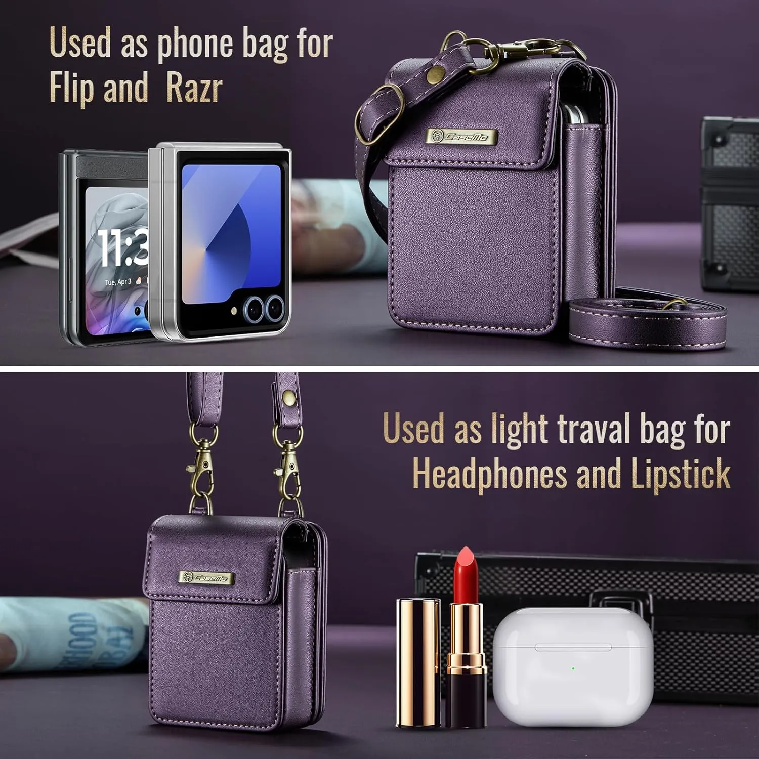 Flip Wallet Bag with 5 Card Slots Cash Solt Zipper Pocket, RFID Blocking Hand and Crossbody Shoulder Strap.Purple