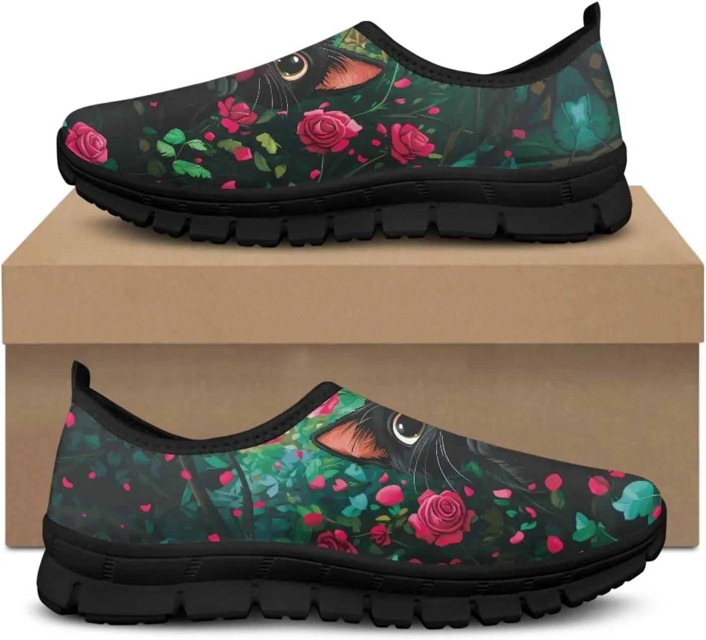 Flowers Casual House Shoes Breathable Mesh Sneakers for Women Comfort Soft Anti-Slip Shock Absorption EVA Sole Hiking Shoes for Outdoor Size 5.5-11.5 Black Sole