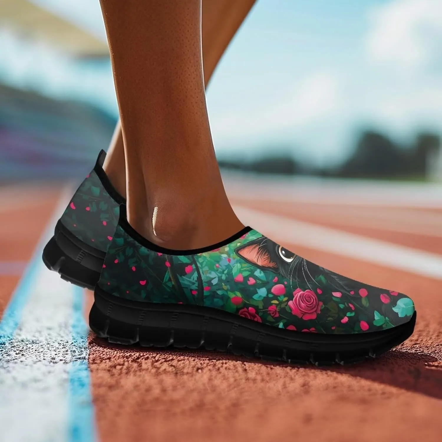 Flowers Casual House Shoes Breathable Mesh Sneakers for Women Comfort Soft Anti-Slip Shock Absorption EVA Sole Hiking Shoes for Outdoor Size 5.5-11.5 Black Sole