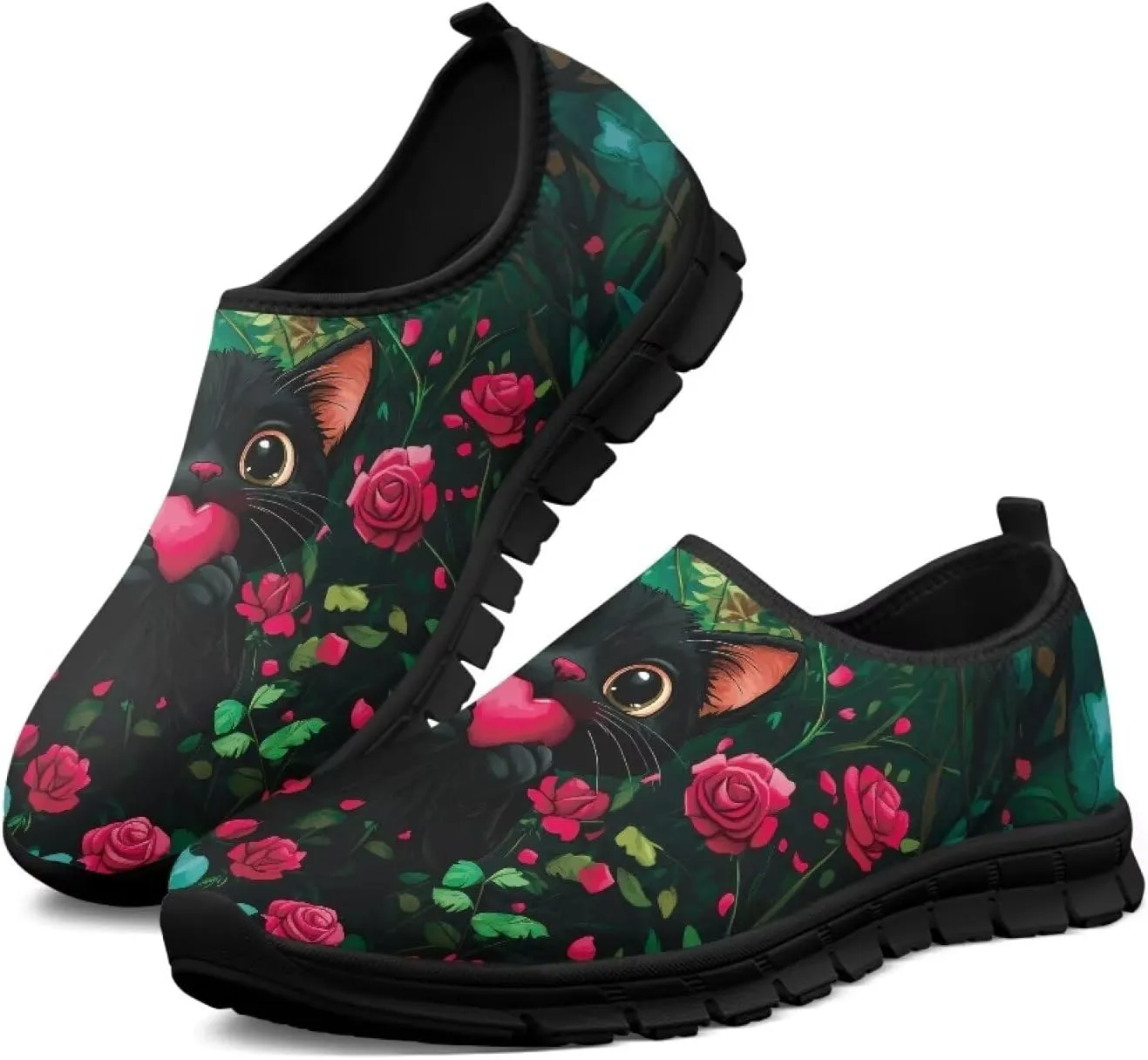 Flowers Casual House Shoes Breathable Mesh Sneakers for Women Comfort Soft Anti-Slip Shock Absorption EVA Sole Hiking Shoes for Outdoor Size 5.5-11.5 Black Sole