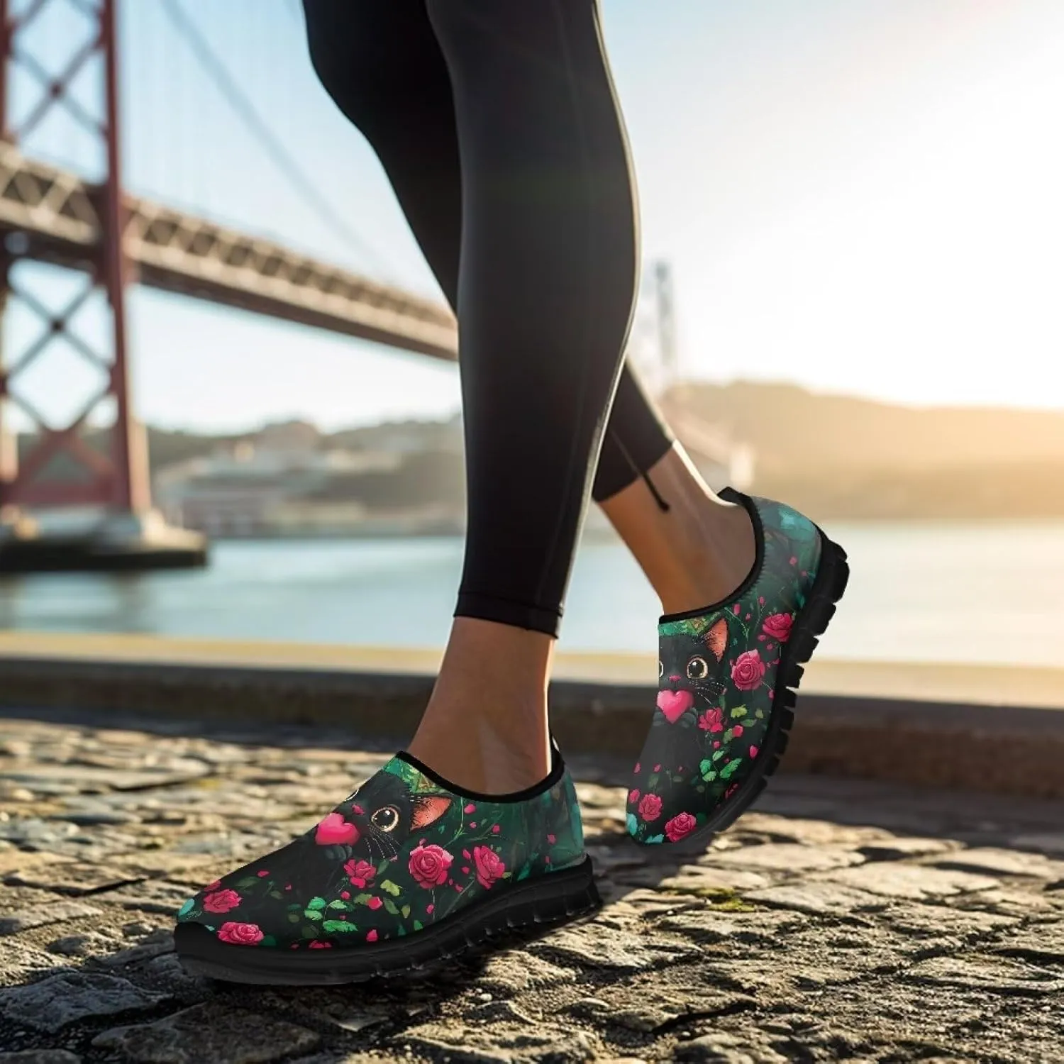 Flowers Casual House Shoes Breathable Mesh Sneakers for Women Comfort Soft Anti-Slip Shock Absorption EVA Sole Hiking Shoes for Outdoor Size 5.5-11.5 Black Sole