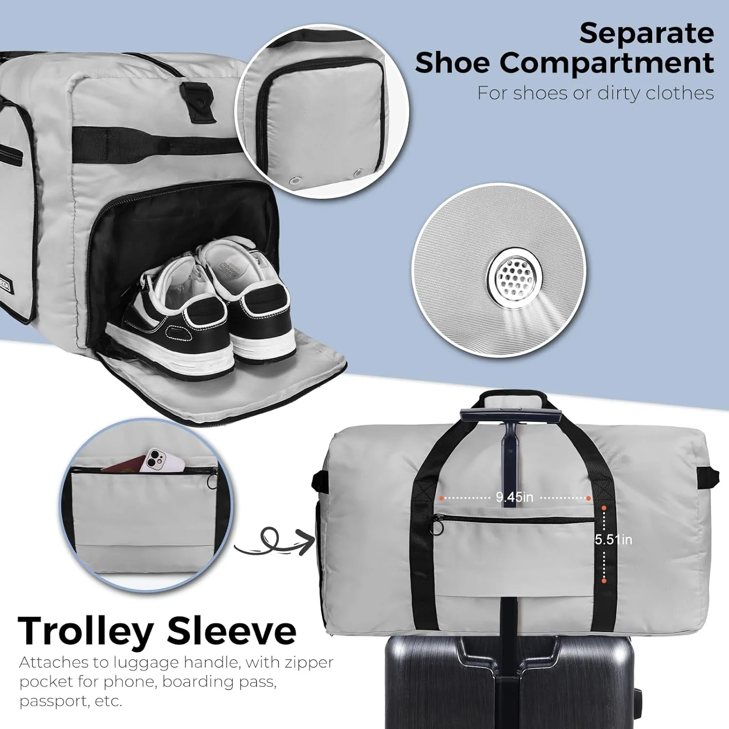 Fmeida 65L Duffle Bag with Shoes Compartment, Foldable Travel Duffel Bags for Men Women, Large Packable Travel Bag Water Repellent & Tear Resistant (Light Gray)