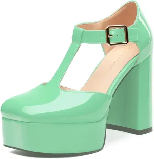 FOGEENA Platform Heels for Women Chunky Block High Heel Closed Square Toe 4.3 Inch T-Strap Mary Jane Pumps Casual Dress Shoe