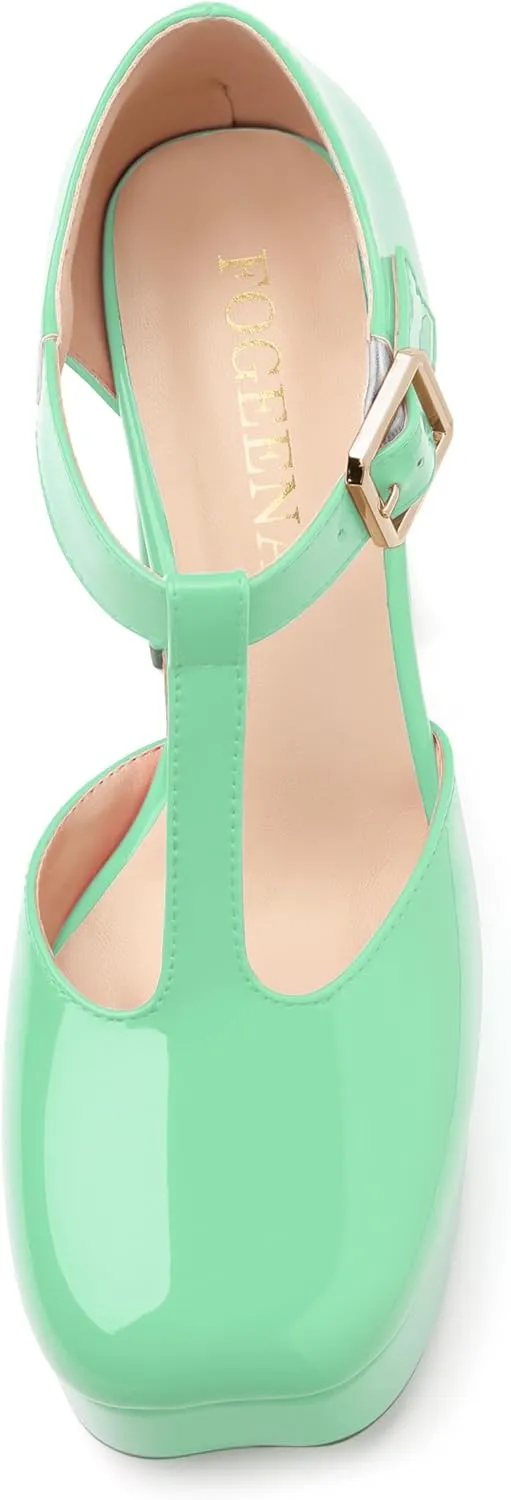 FOGEENA Platform Heels for Women Chunky Block High Heel Closed Square Toe 4.3 Inch T-Strap Mary Jane Pumps Casual Dress Shoe