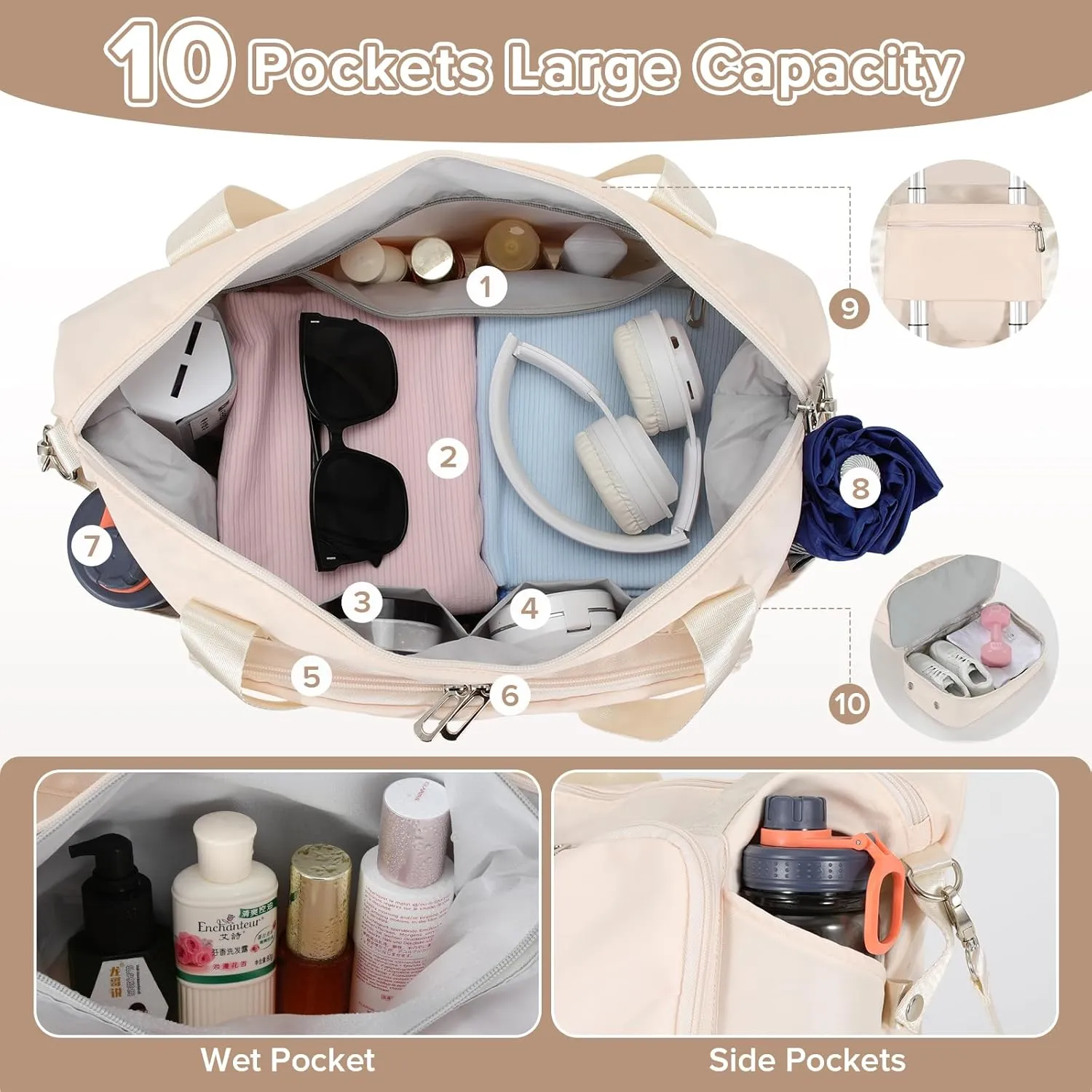 Foldable Travel Duffel Bag for Women, Water Resistant Personal Item/Carry Bag, Overnight Weekender Bag with Wet Compartment
