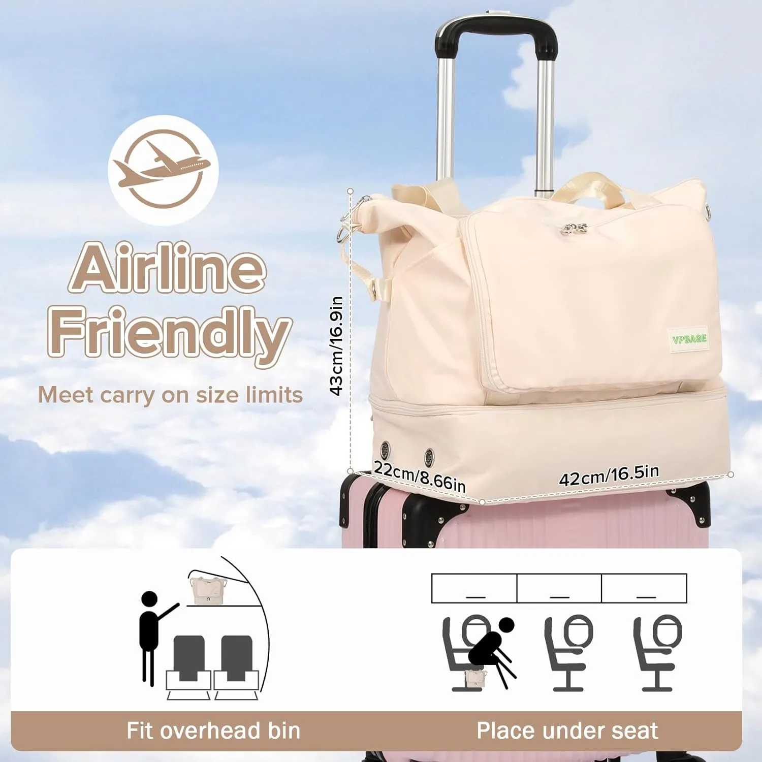 Foldable Travel Duffel Bag for Women, Water Resistant Personal Item/Carry Bag, Overnight Weekender Bag with Wet Compartment