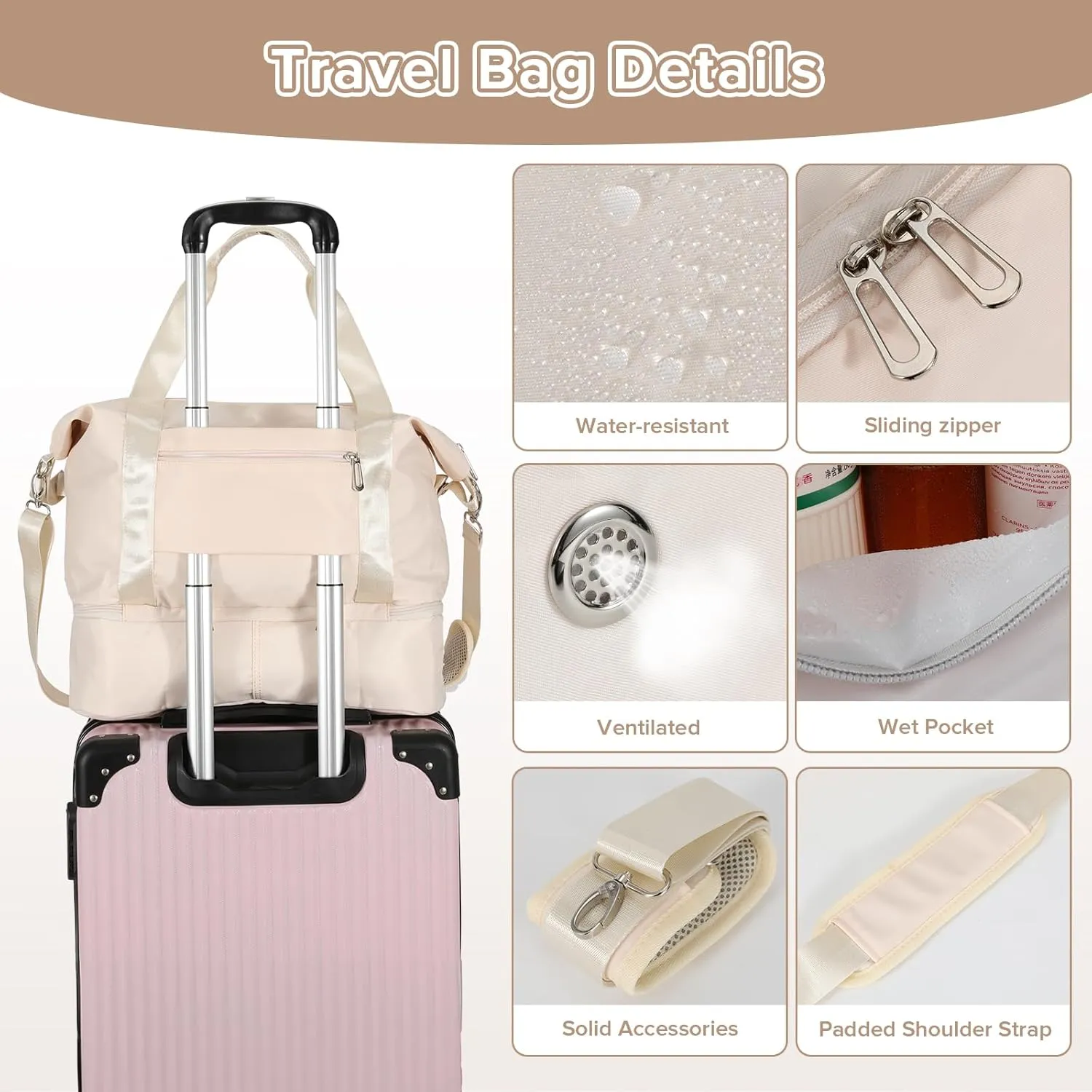 Foldable Travel Duffel Bag for Women, Water Resistant Personal Item/Carry Bag, Overnight Weekender Bag with Wet Compartment